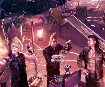 Karakter FF15 bersama chocobo dalam artwork kartu Magic: The Gathering Flash Photography