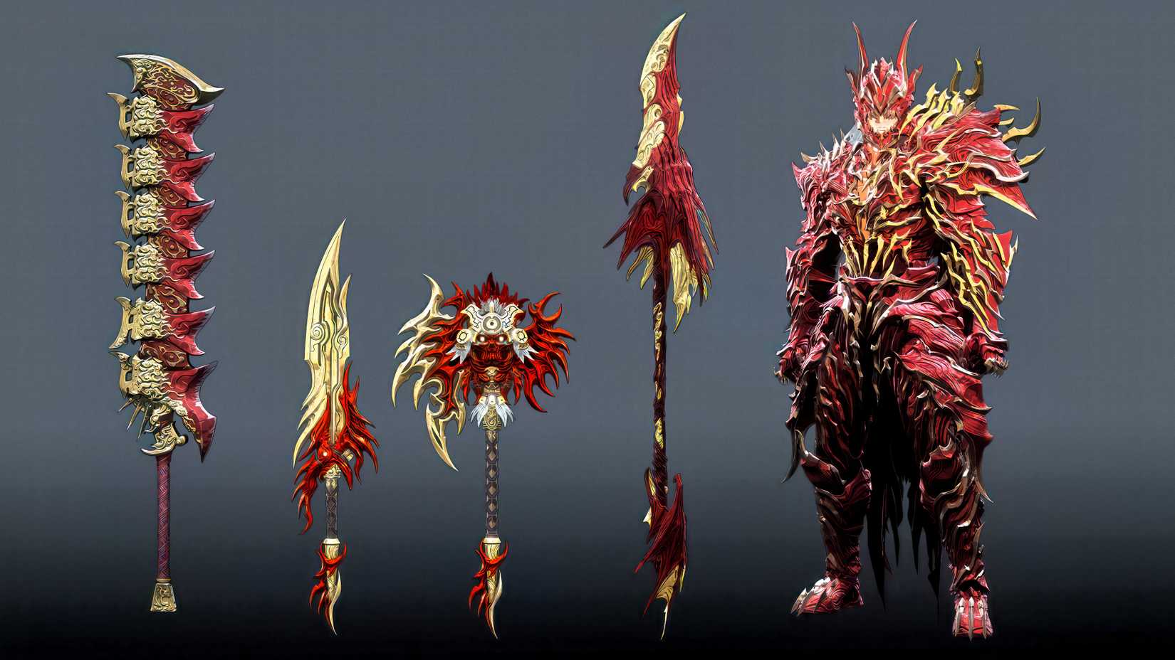 An image showing First Berserker: Khazan's anniversary Immortal Fury armor set and weapons