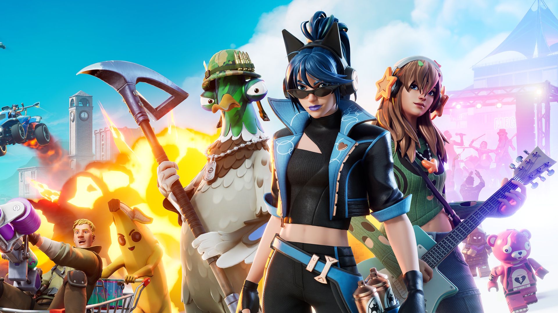 A key visual featuring several characters from Fortnite