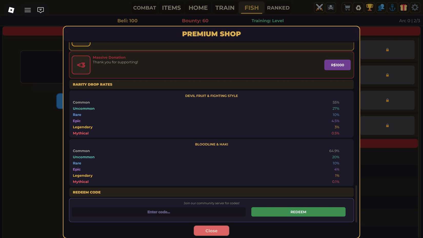 Fruit Piece Incremental the codes tab