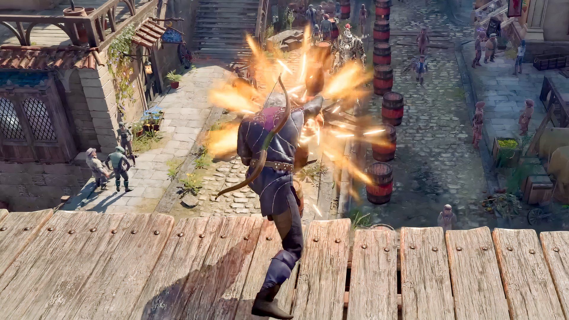 Going Solo - Astarion firing a Firebolt to barrels in Baldur's Gate 3