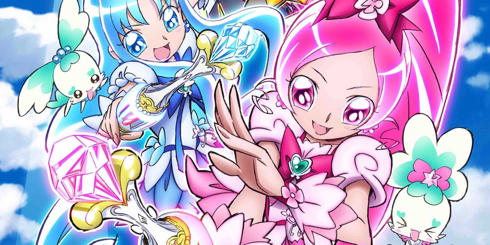 Cure Blossom, Cure Marine, Chypre and Coffret pose together.