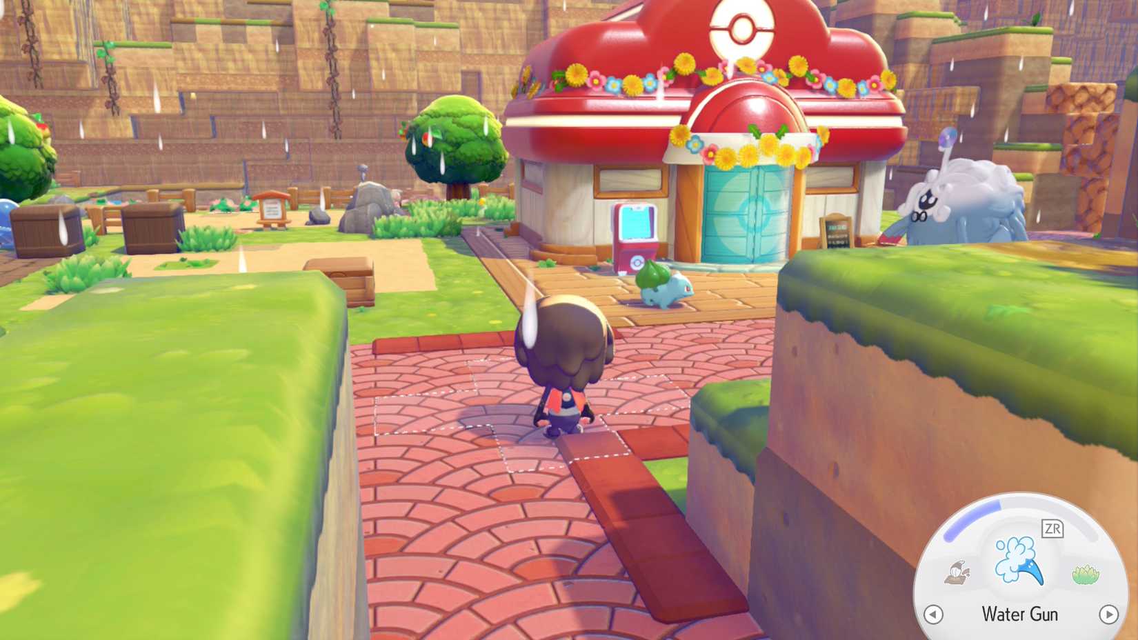 Character in Pokemon Pokopia standing in front of the Pokemon Center.