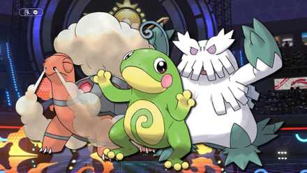 Pokemon's Politoed, Torkoal, and Abomasnow with a filled-in stadium in Pokemon Champions in the background