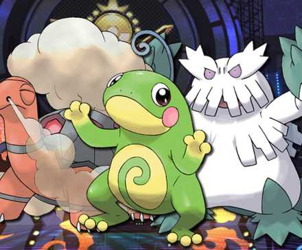 Pokemon's Politoed, Torkoal, and Abomasnow with a filled-in stadium in Pokemon Champions in the background
