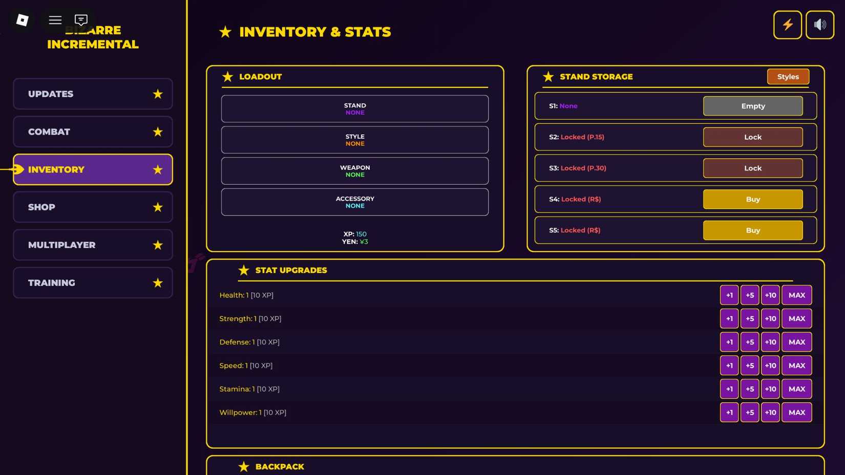 JoJo’s Bizarre Incremental inventory & stats