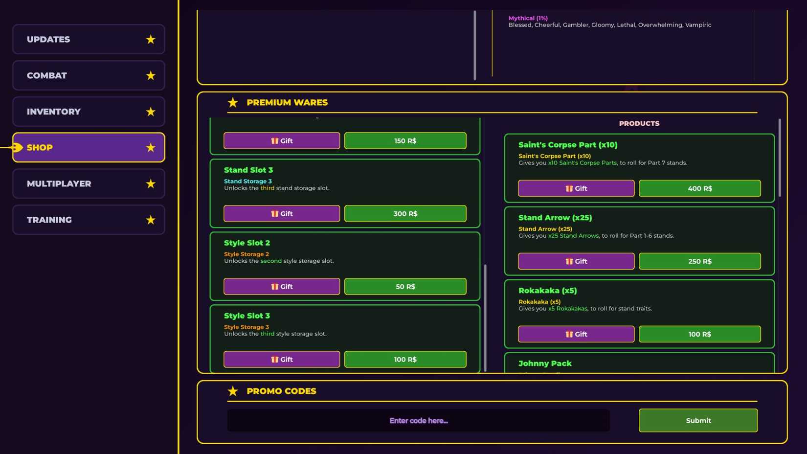 JoJo’s Bizarre Incremental the codes tab