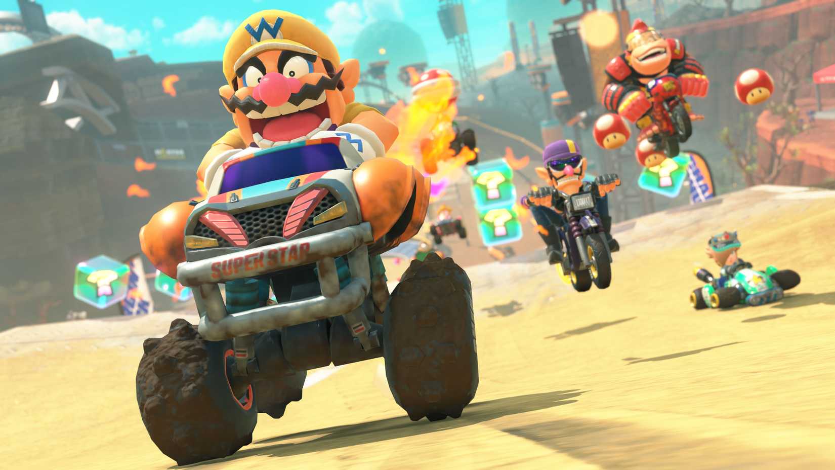 Mario Kart World Press image Wario Donkey Kong Waluigi racing