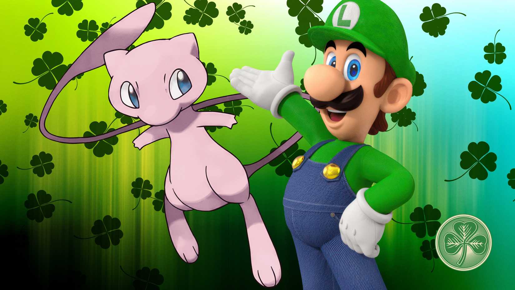 mew and luigi stand together with 4 leaf clovers in the background