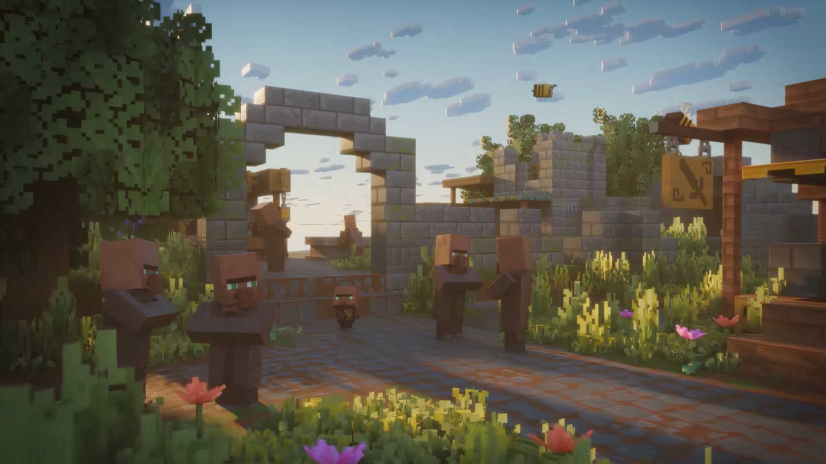The village from Minecraft Dungeons 2's announcement trailer