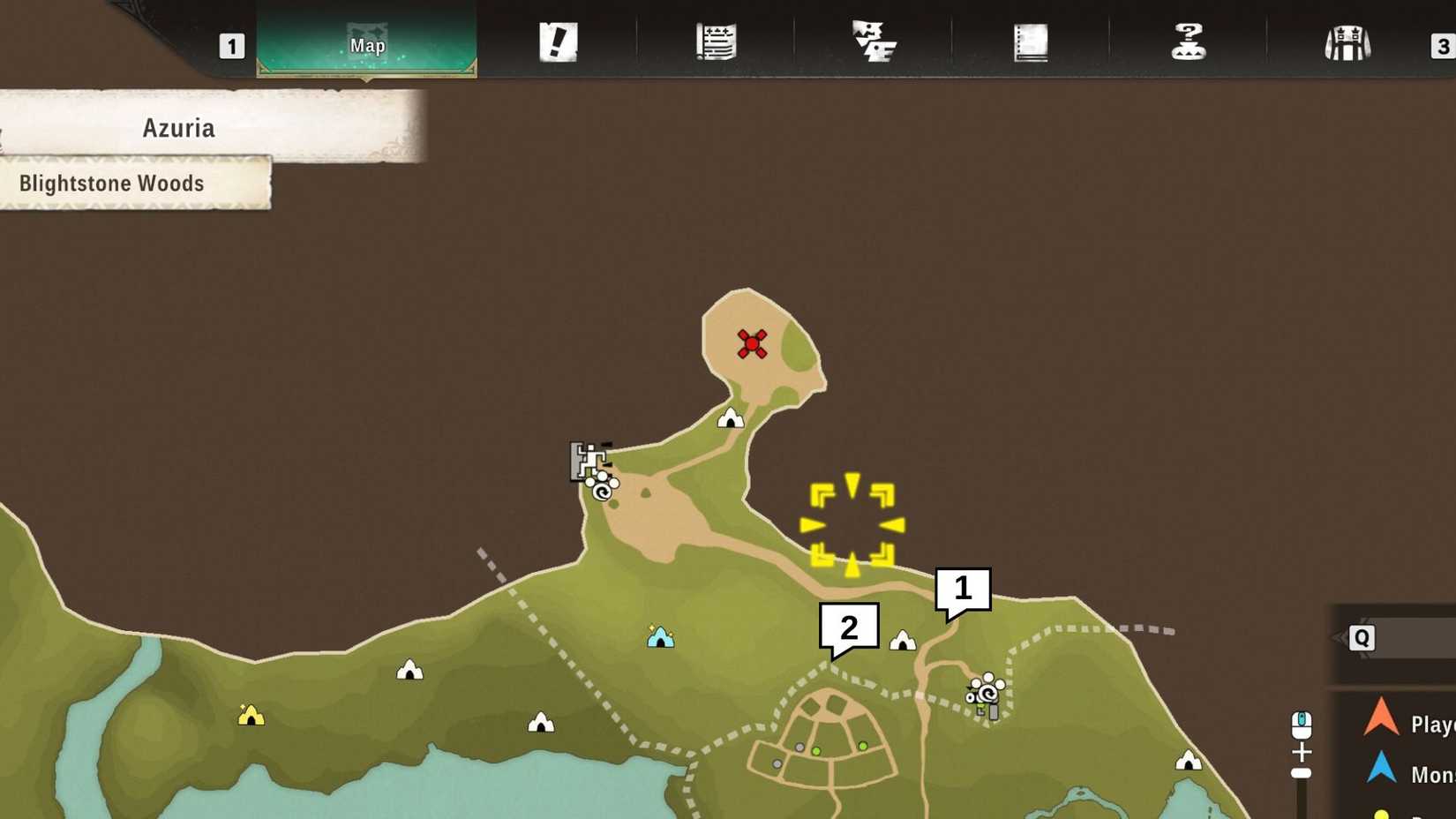 Map showing the location of every Blightstone Forest treasure chest in Monster Hunter Stories 3