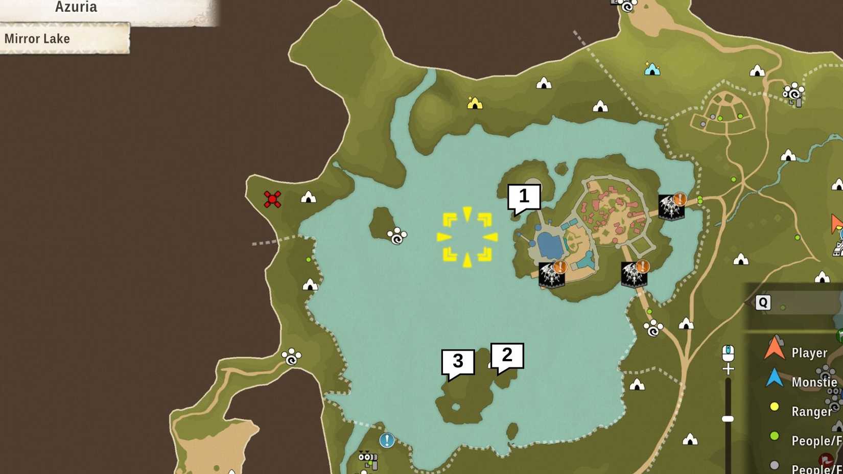 Map showing the locations of all Mirror Lake chests in Monster Hunter Stories 3