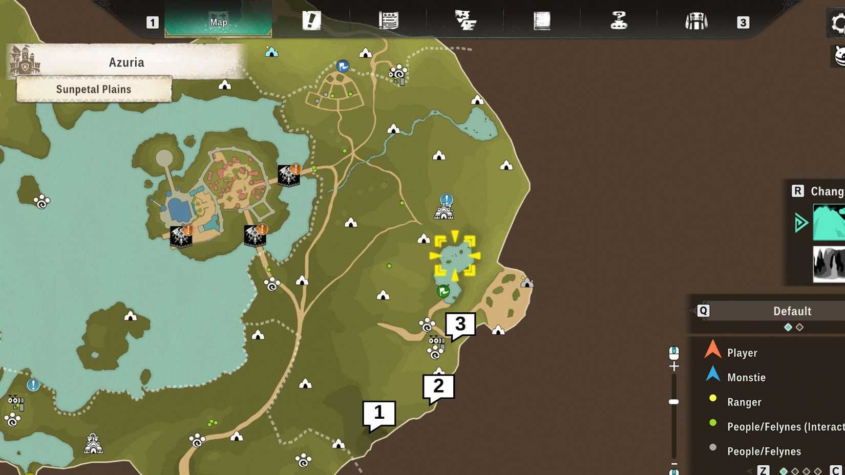 A map showing all Sunpetal Plains chests in the Azuria region in Monster Hunter Stories 3