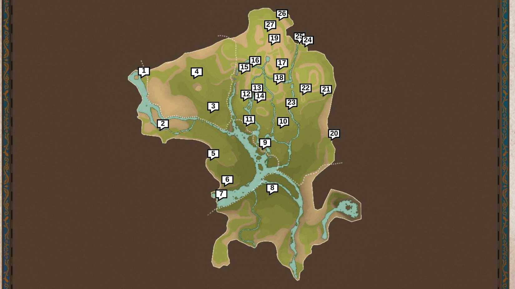 A map showing the locations of all 27 Pugis in the Canalta Timberland region of Monster Hunter Stories 3.