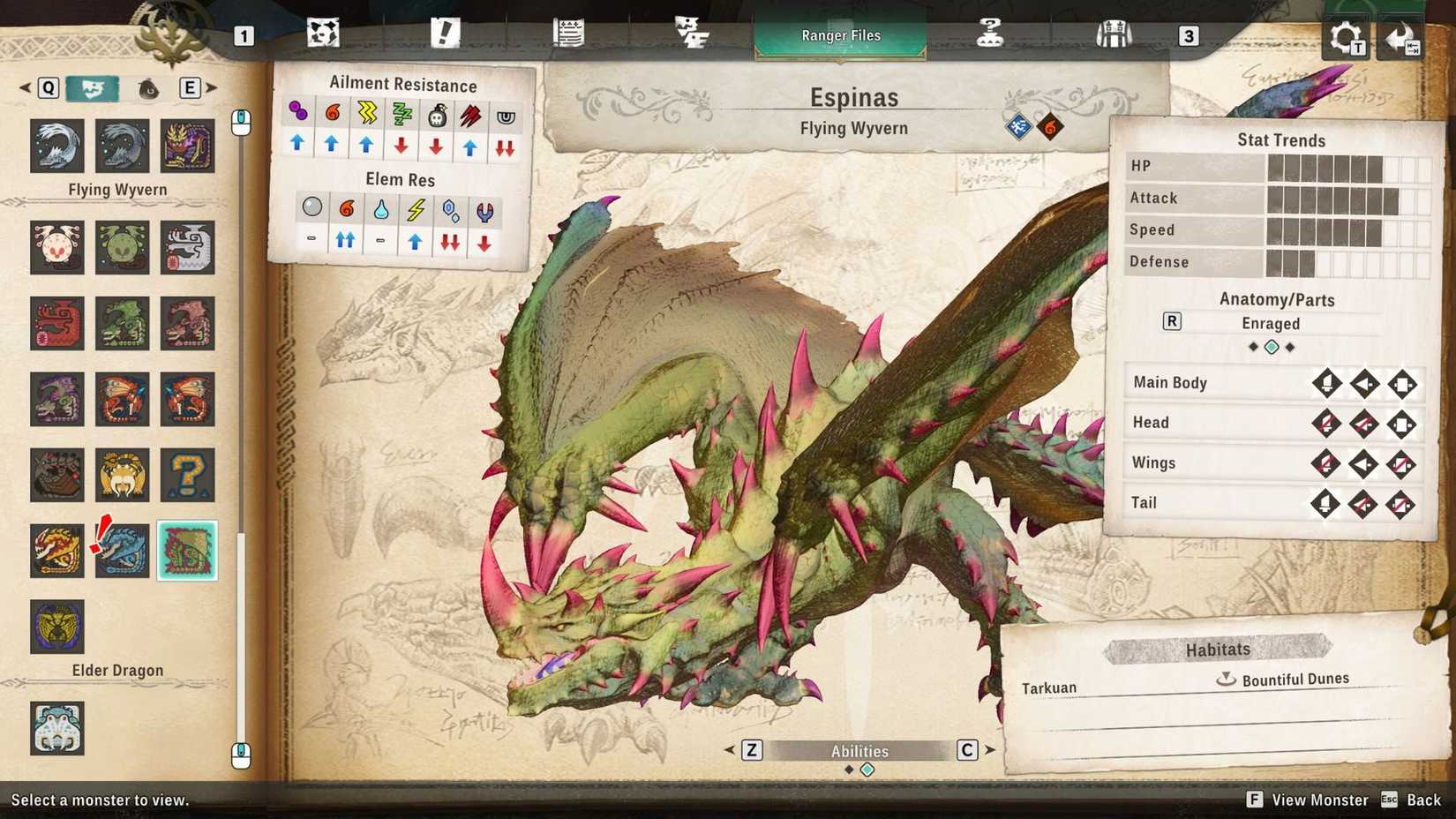 The weaknesses and resistances of an Espinas awake and furious in Monster Hunter Stories 3