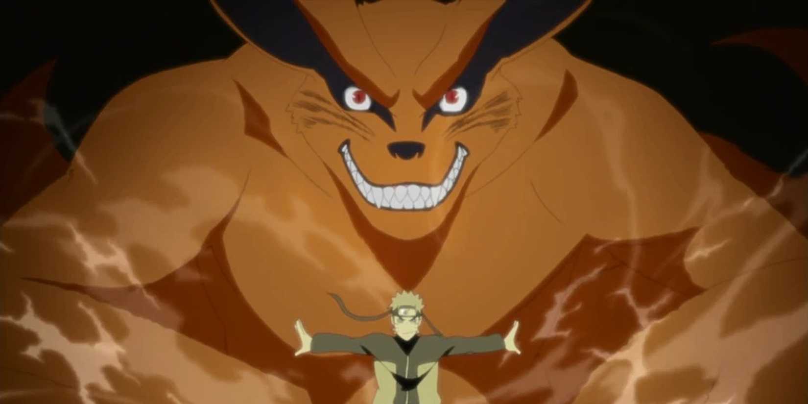 Naruto poses with Kurama behind him.