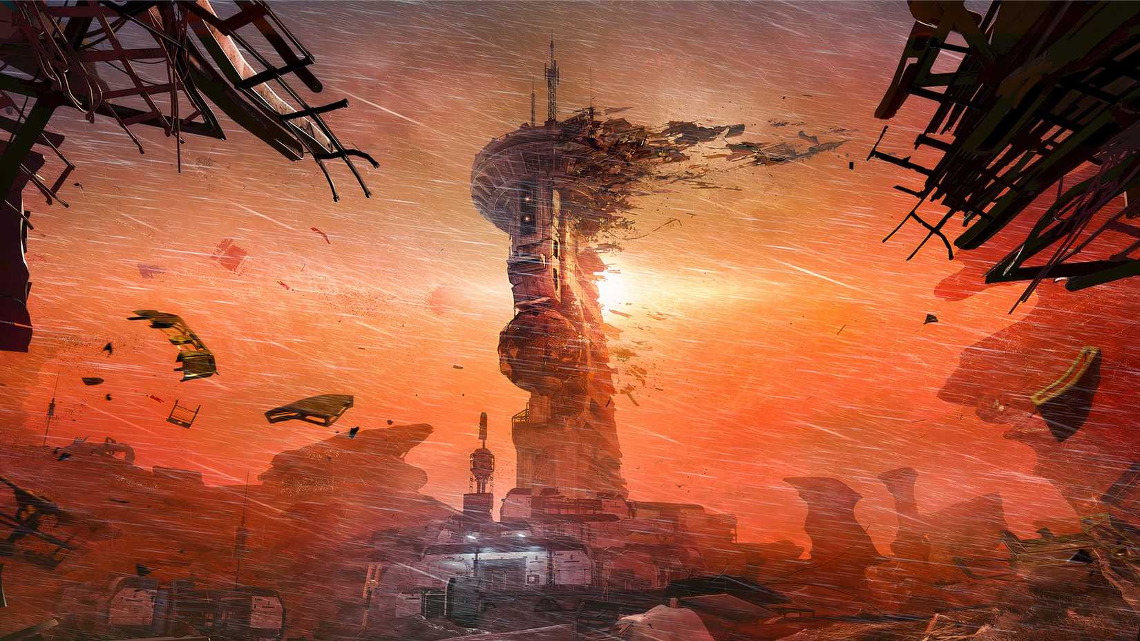 The massive headlining space tower from Alien Deathstorm crumbling to pieces in the distance