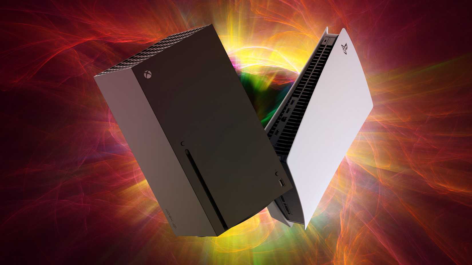 xbox series x and ps5 consoles with rainbow background