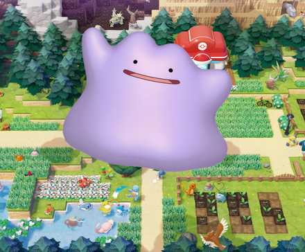 Normal Ditto over Pokopia title screen