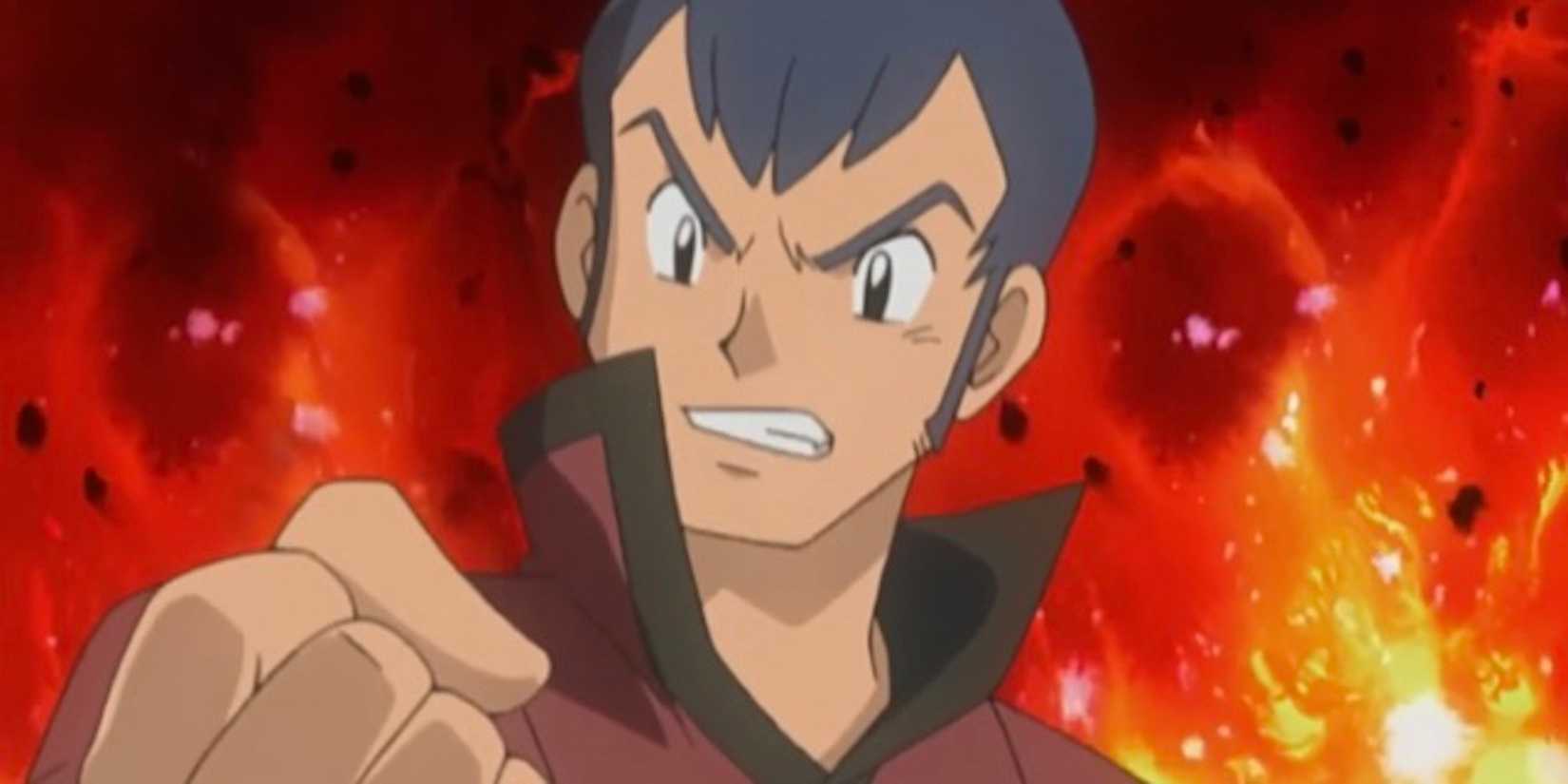 Norman with a fierce expression against a fiery background.