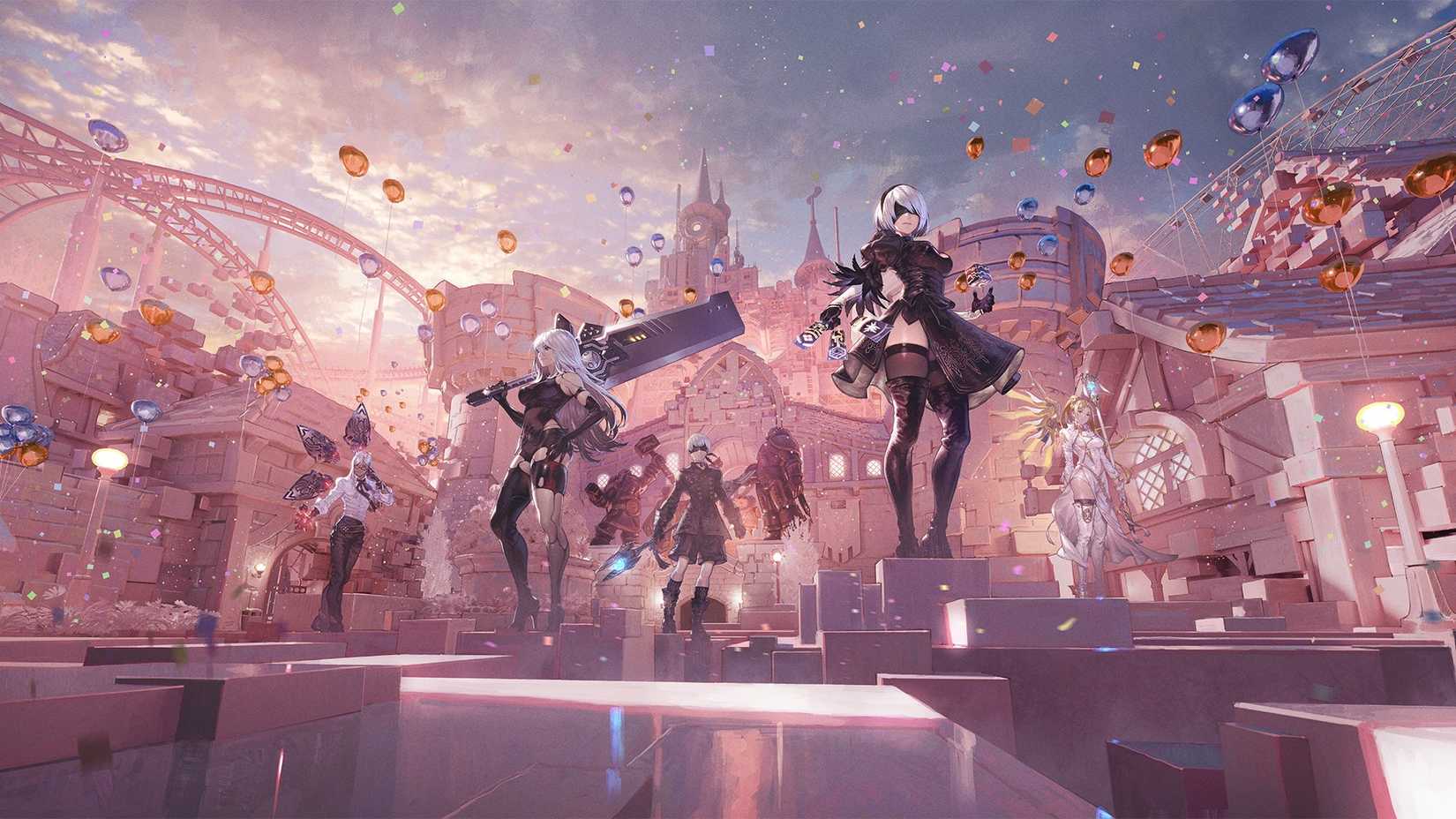 overwatch nier automata collaboration crossover key art menu adam lifeweaver a2 vendetta 9s wuyang 2b kiriko commander white mercy