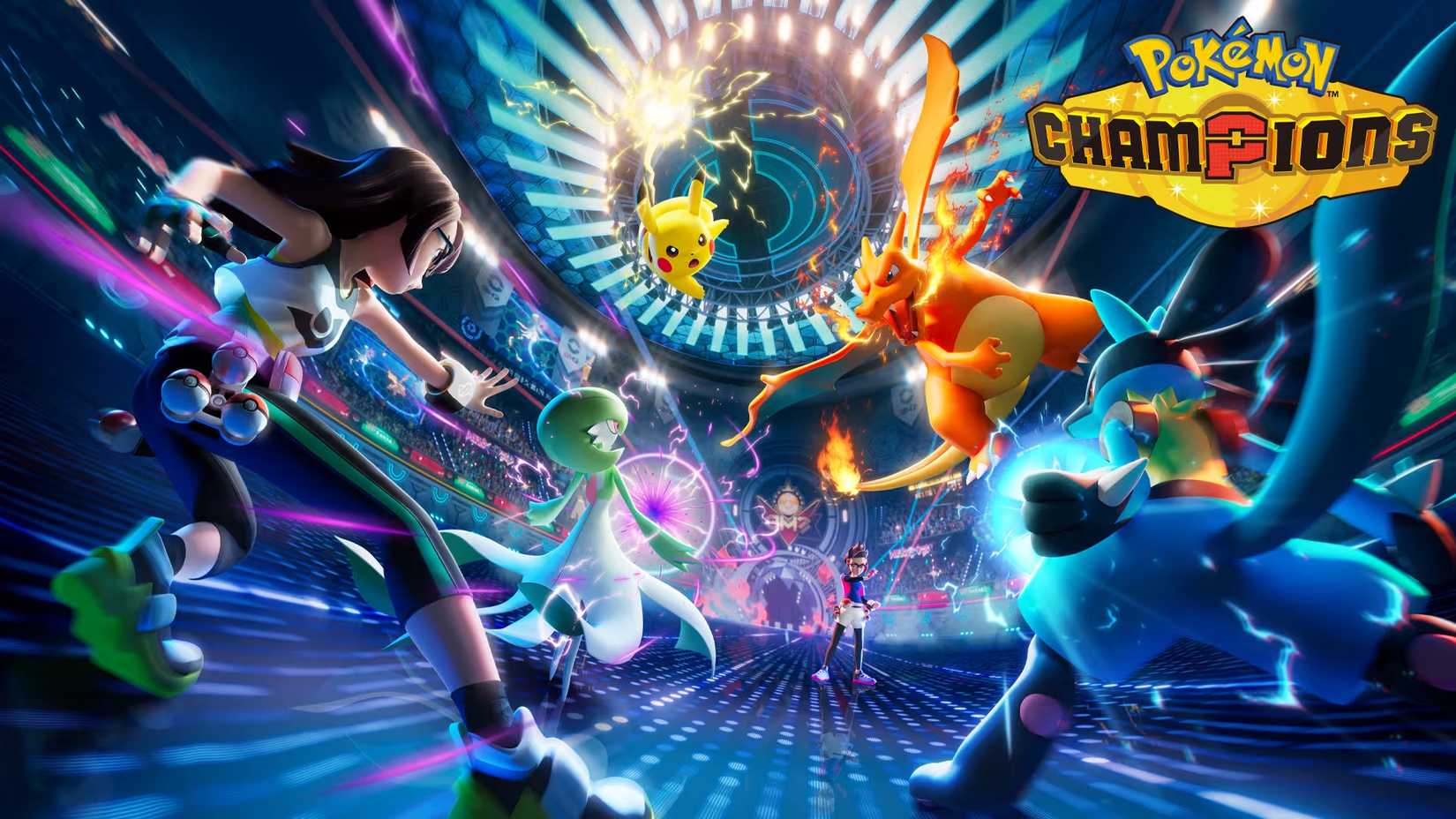 Pokemon champions Pikachu and Charizard with Lucario and Gardevoir in battle