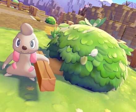 A Gurdurr standing next to a Leaf Hut in Pokemon Pokopia