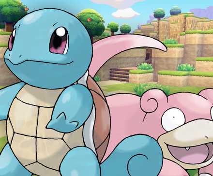 squirtle and slowpoke with pokopia in the background