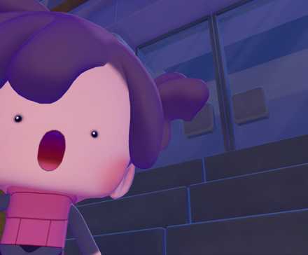 Pokopia character takes selfie in front of double doors