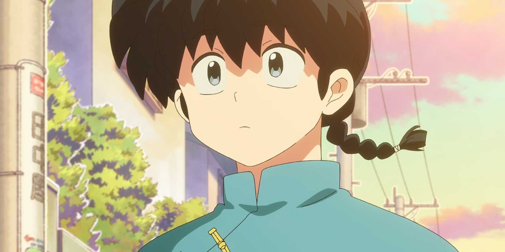 Ranma looks mildly confused in a blue outfit.