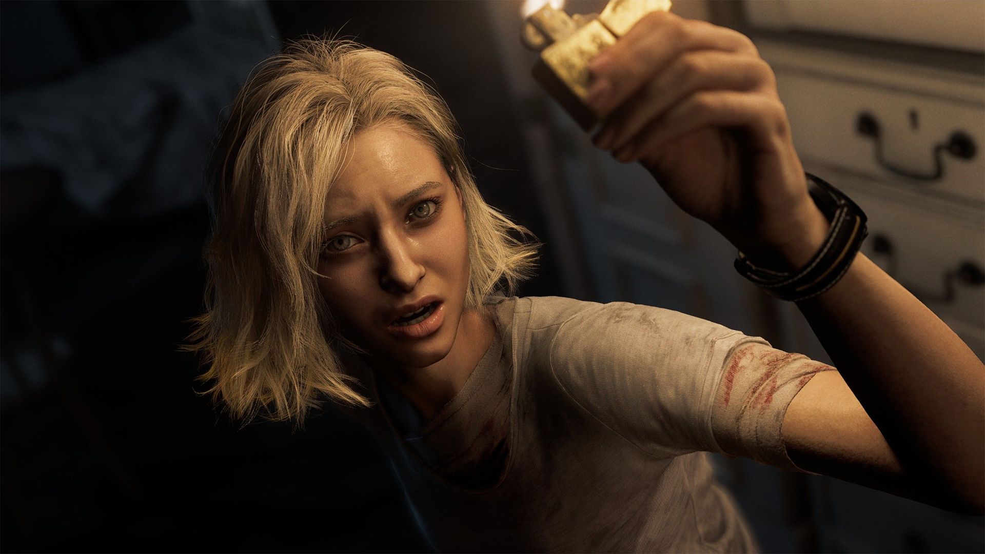 Grace Ashcroft holds a lit lighter in Resident Evil Requiem