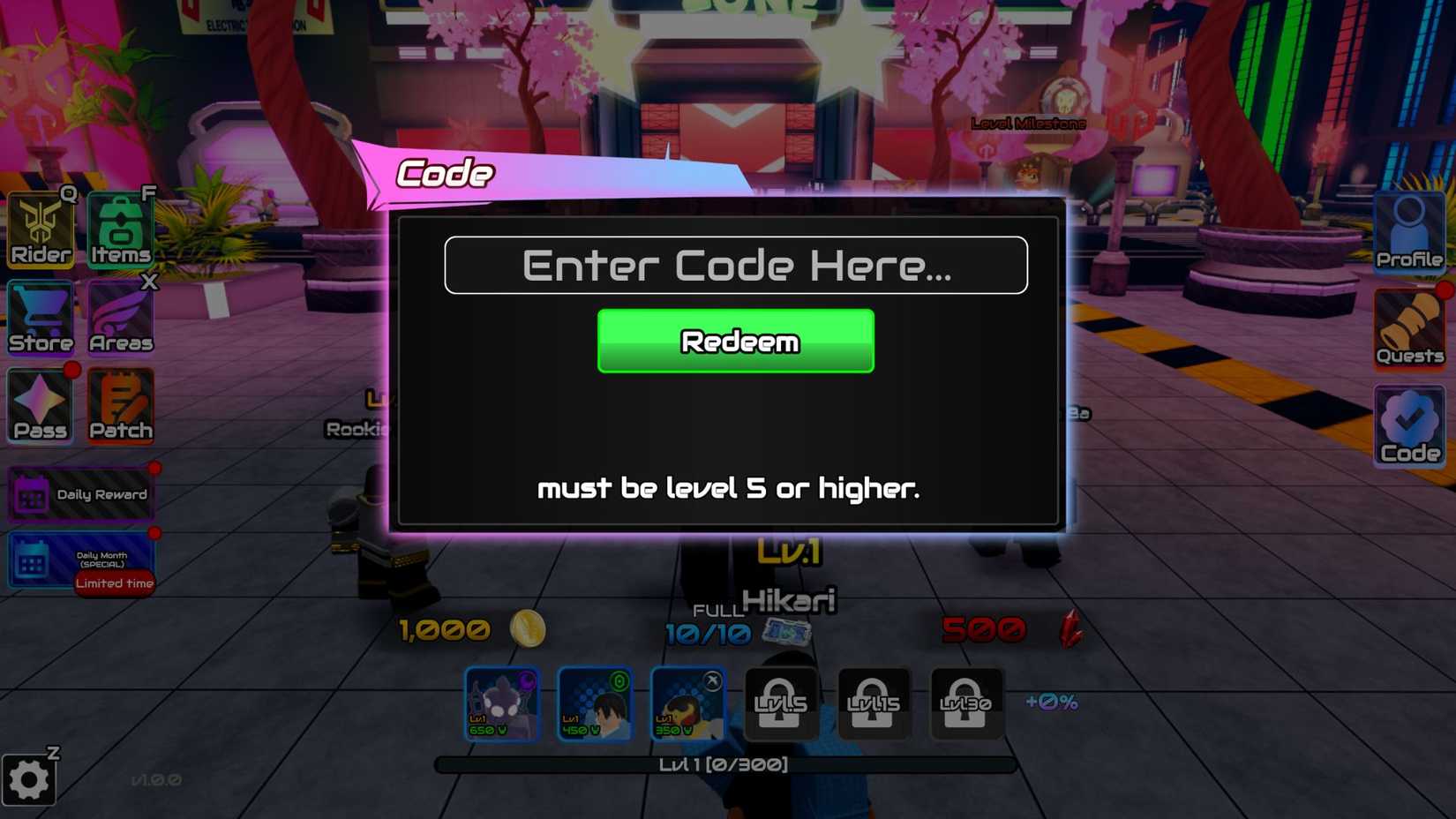 Rider Defenders the codes tab