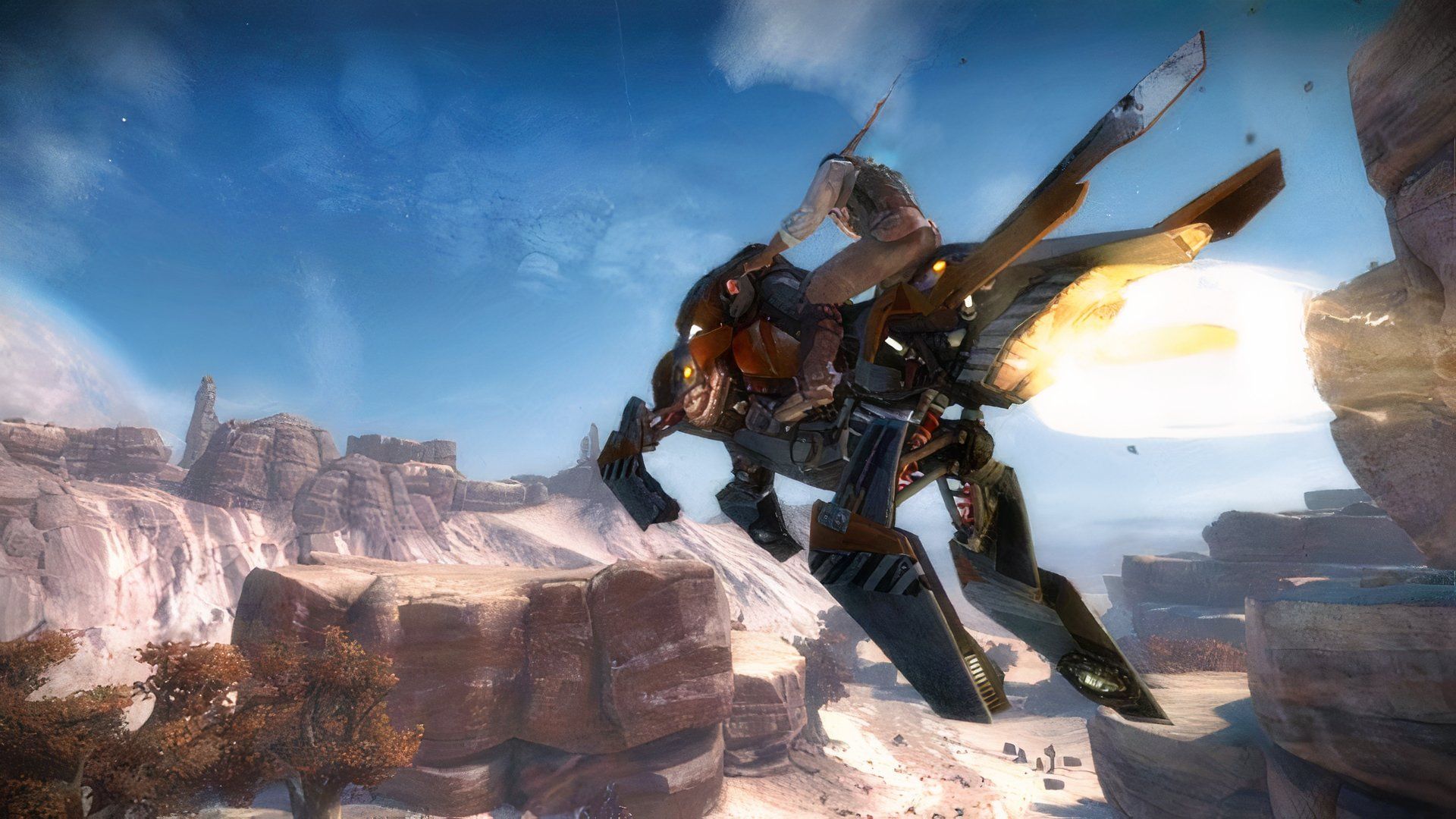 Riding a flying vehicle in Starhawk (2012)