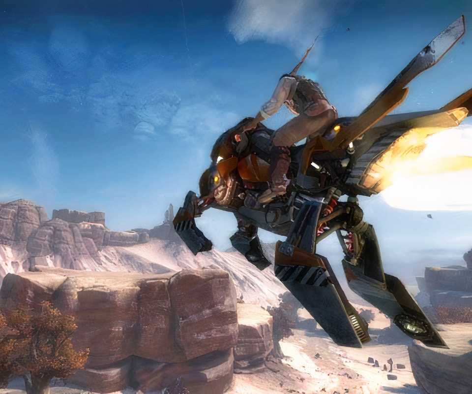 Riding a flying vehicle in Starhawk (2012)