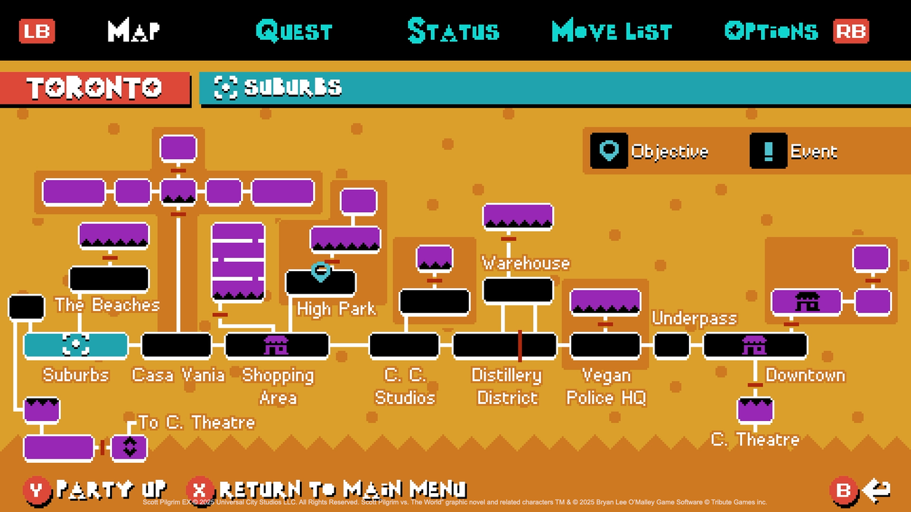 Peta level di Scott Pilgrim EX, menunjukkan eksplorasi area