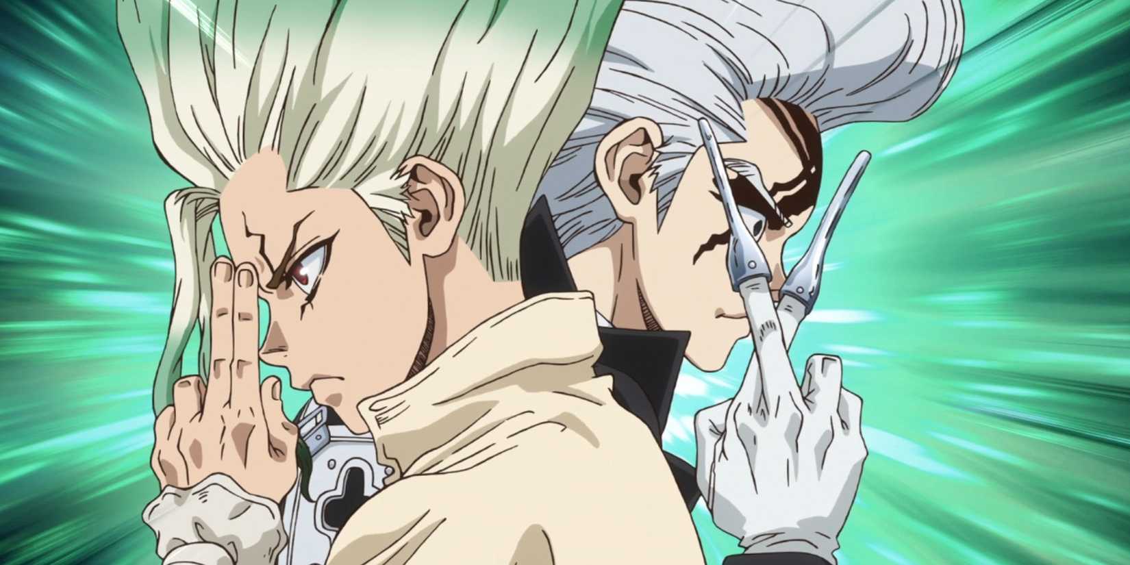 Senku and Dr. Zeno stands back.