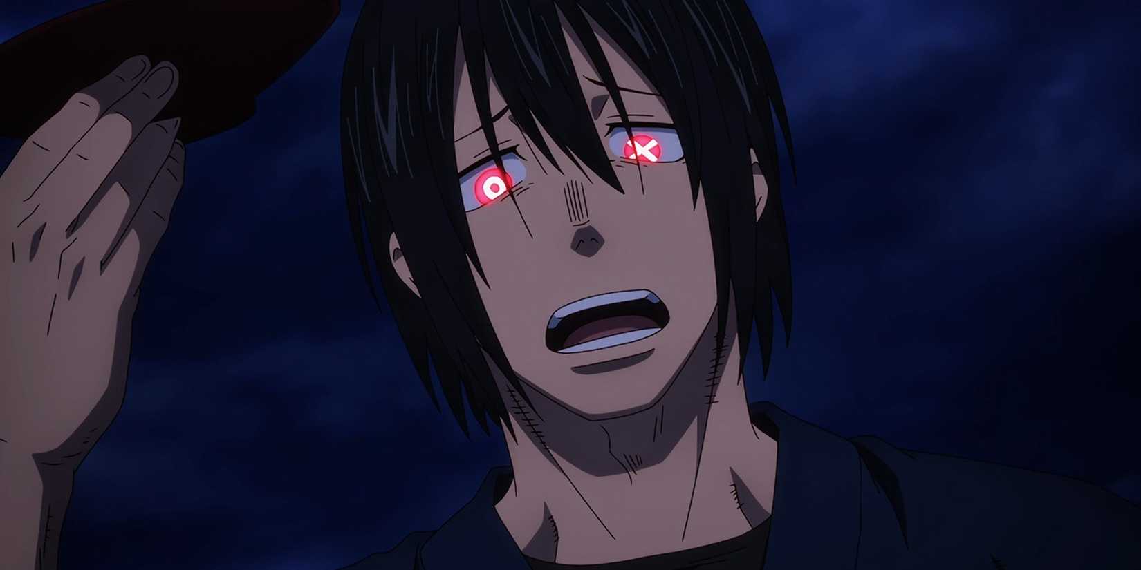 Shinmon Benimaru speaks against the dark sky.