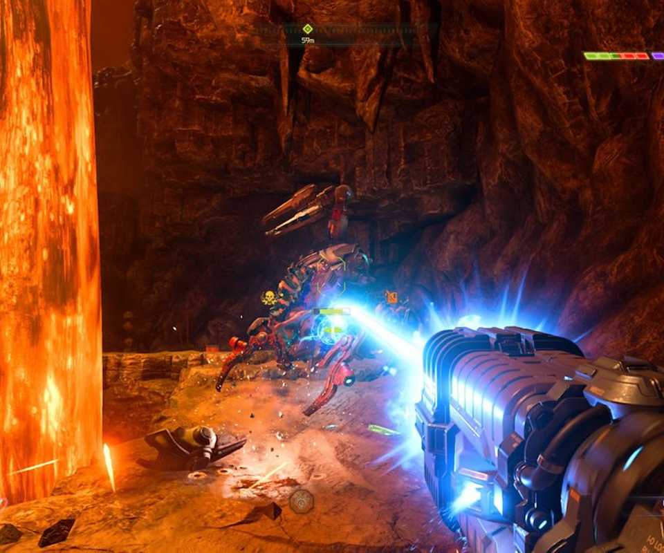 Shooting enemies with a laser in Doom Eternal (2020)