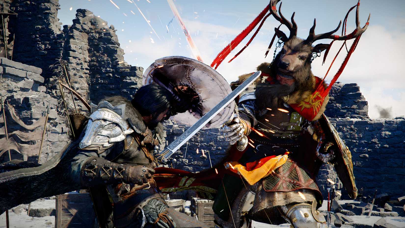 Crimson Desert protagonist Kliff fighting against a large human enemy with an deer's head helmet