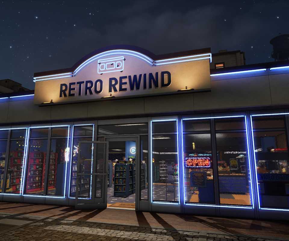 Tampilan luar toko video di Retro Rewind, menunjukkan estetika retro game simulator Steam ini.