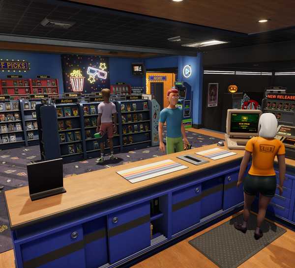 Pandangan luas bagian dalam toko video di Retro Rewind, menunjukkan pengaturan yang sibuk dan detail sebagai game simulator Steam.