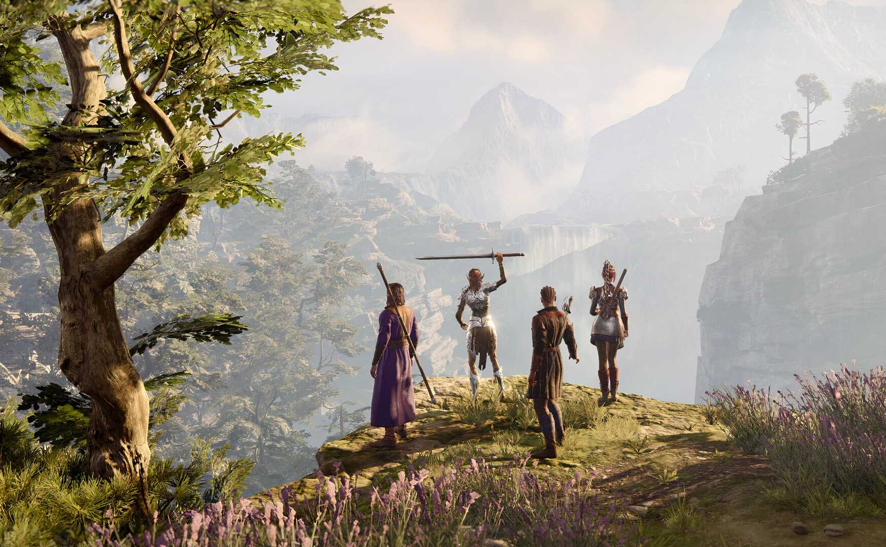 Shadowheart, Lae'zel, Wyll and Gale celebrate their victory at Baldur's Gate 3 against a panoramic view.