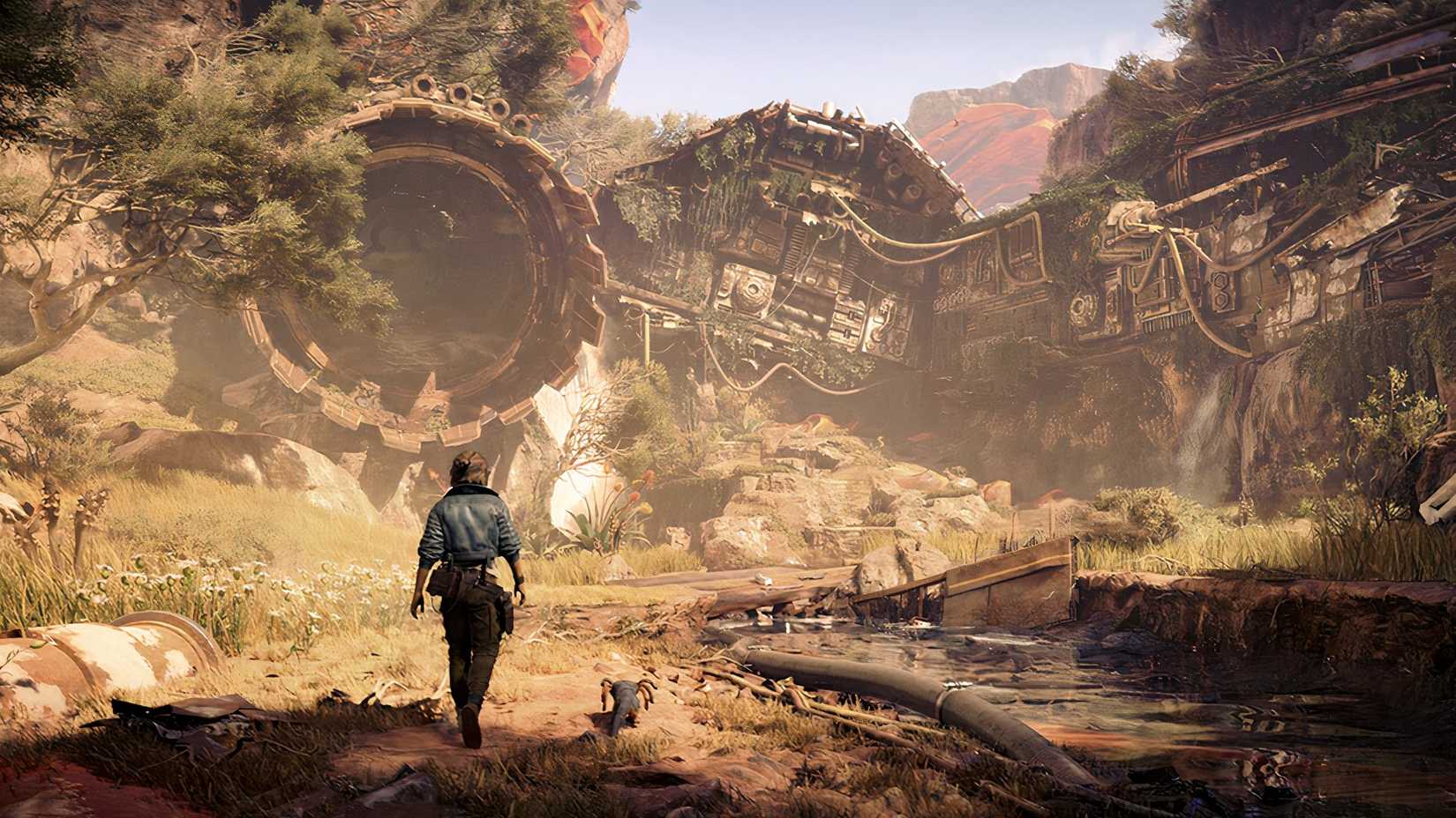 star wars outlaws kay and nyx walking toward a dilapidated ship