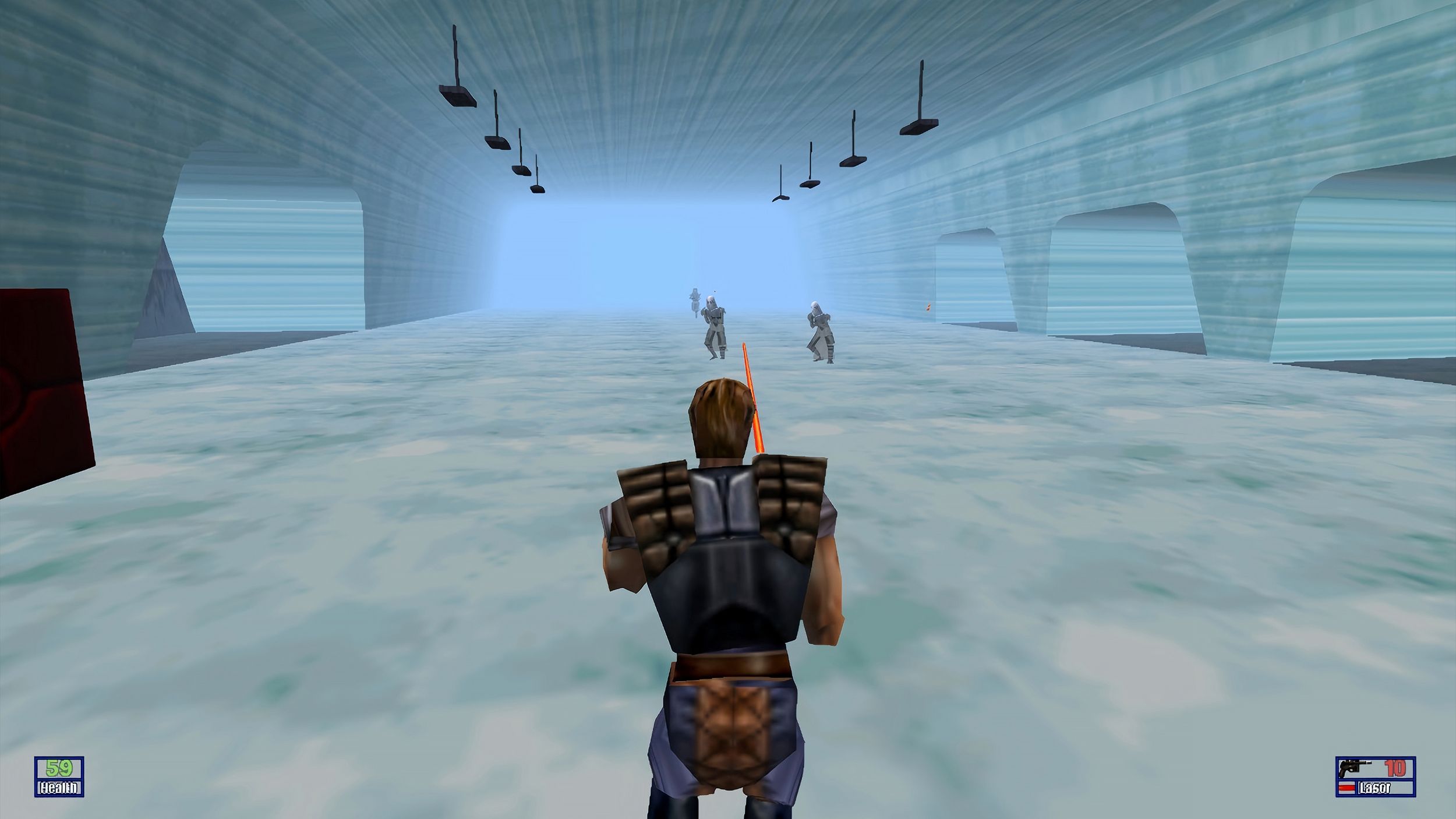 Star Wars Shadows of the Empire Dash firing blaster at Stormtroopers