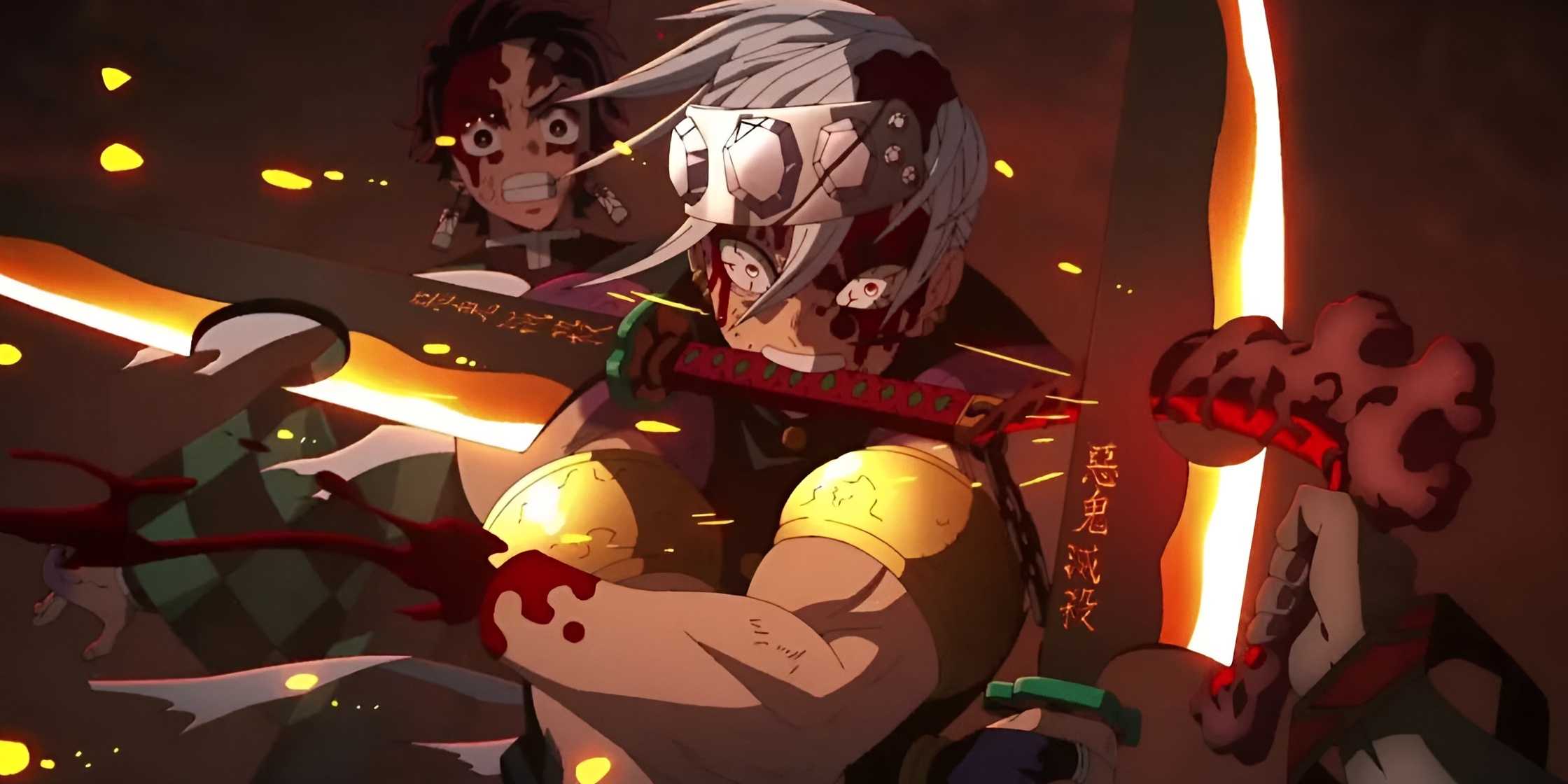 Tengen saves Tanjiro from Gyotaro's attack in Demon Slayer