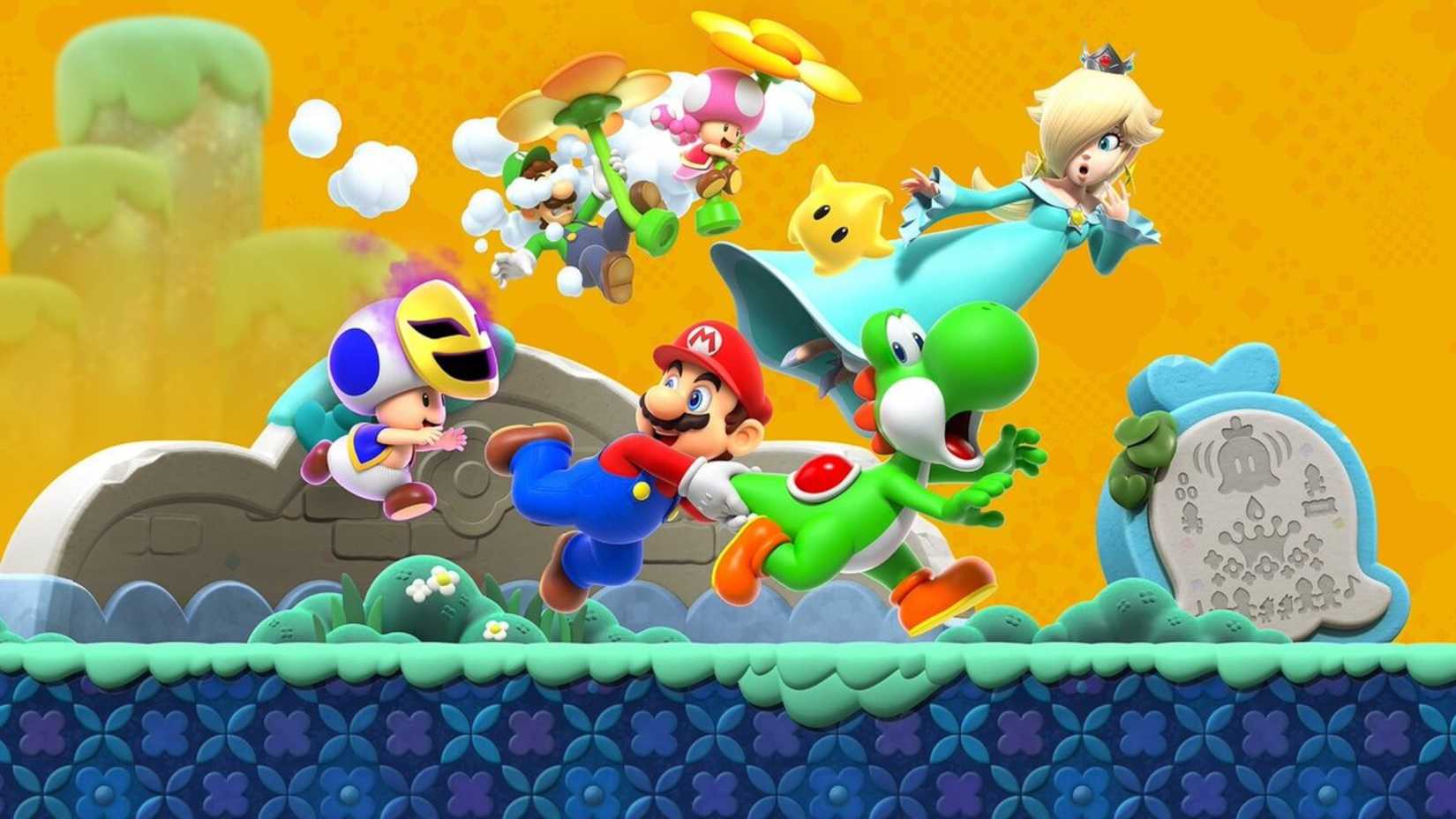 Super Mario Bros. Wonder Mario and Yoshi run from Toad with Rosalina