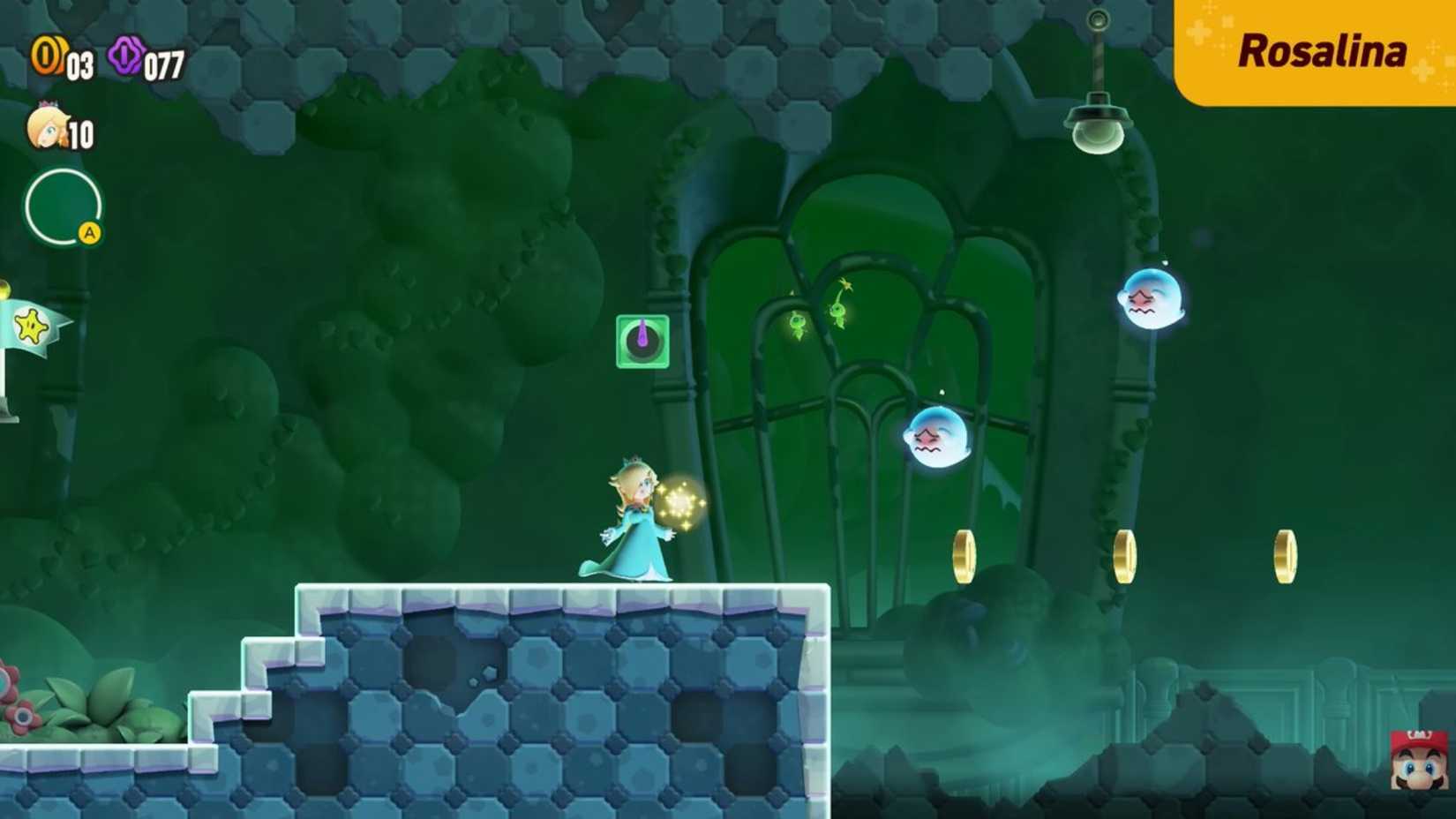 Super Mario Bros Wonder Rosalina standing near Boo and two Glow Pikmin