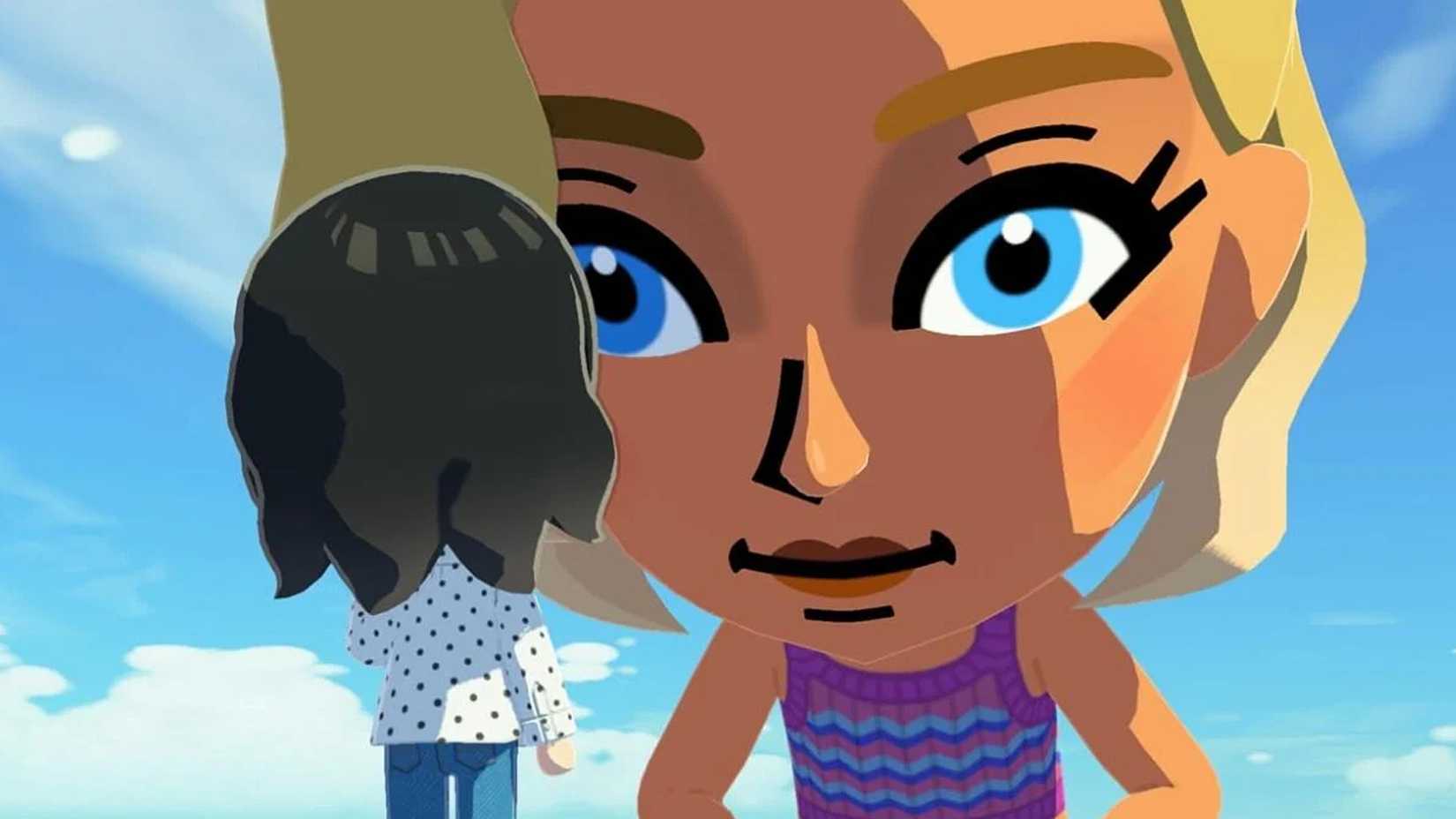 A giant version of the Alice Mii looks down on the Anne Mii in a dream in Tomodachi Life: Living the Dream