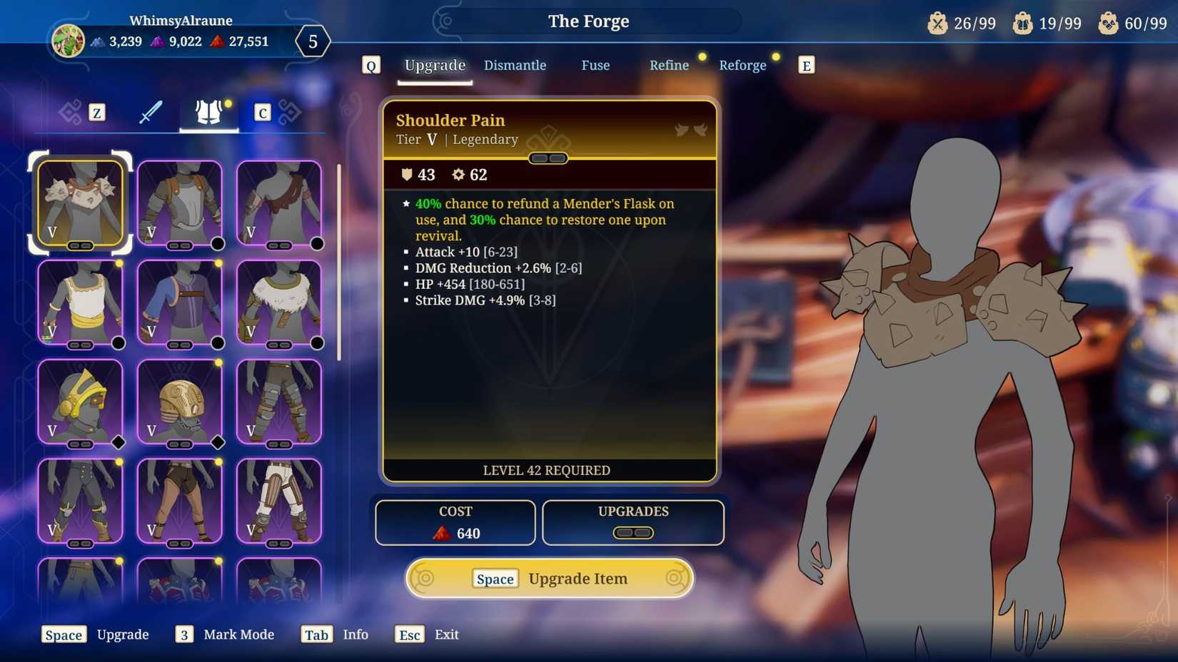 The Shoulder Pain legendary shoulder item in Towerborne