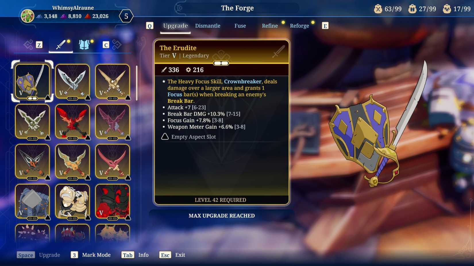 The legendary sword and shield, The Erudite, in Towerborne